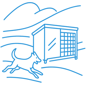 Illustrazione monolinea di un cane che corre vicino a una cuccia Hops Box