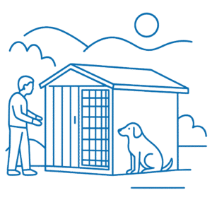 Illustrazione monolinea di un cane r un uomo vicino a un box Hops Box